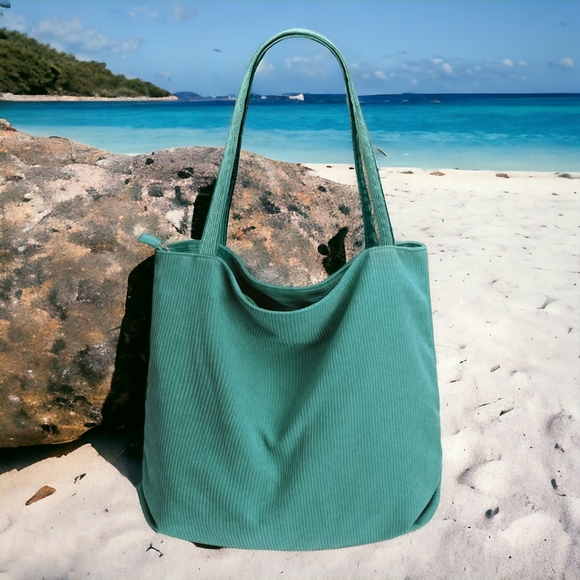 Corduroy Tote Bag, Large Capacity Zipper, New - Picture 2 of 9